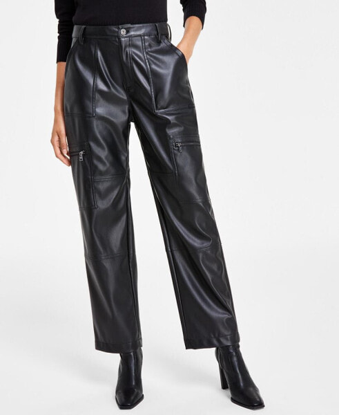Women's Faux-Leather High-Rise Cargo Pants