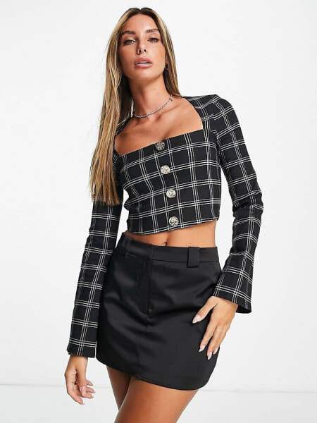 River Island check button front crop top in navy