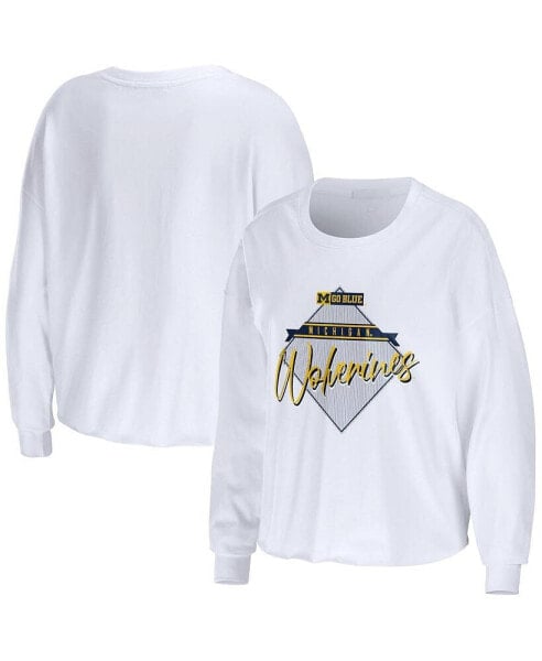Women's White Michigan Wolverines Diamond Long Sleeve Cropped T-shirt