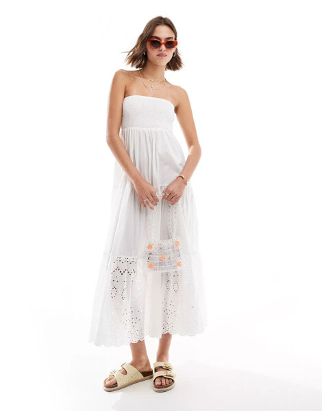 New Look shirred bandeau broderie maxi dress in white