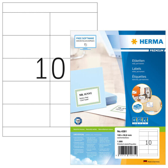HERMA Labels Premium A4 105x50.8 mm white paper matt 1000 pcs. - White - Self-adhesive printer label - A4 - Paper - Laser/Inkjet - Permanent