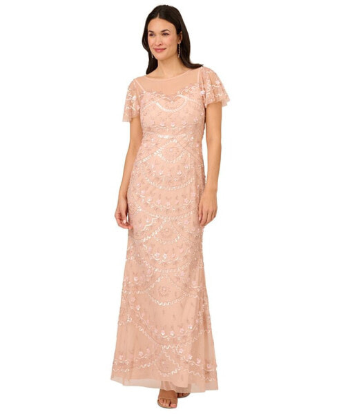 Women's Bead Flutter-Sleeve Sequin Gown