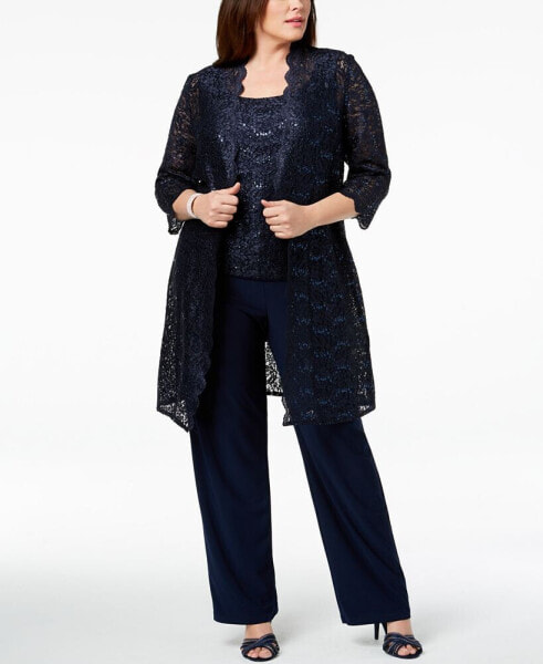 3-Pc. Plus Size Sequined Lace Pantsuit & Shell
