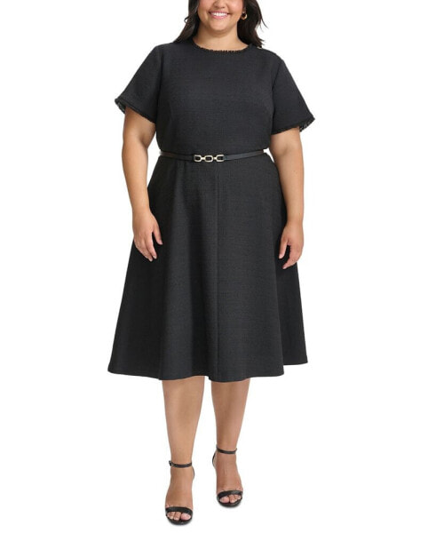 Plus Size Fringe-Trim Belted Fit & Flare Dress