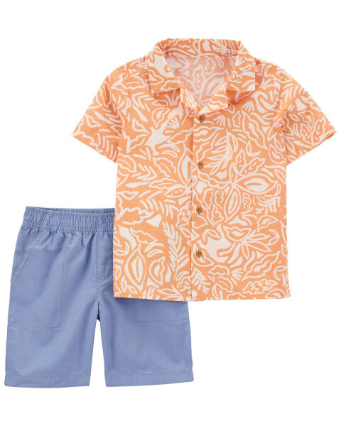 Baby 2-Piece Palm Linen Button-Front Shirt & Short Set 24M