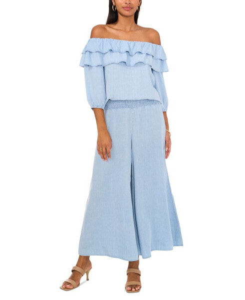 Women's Chambray Smocked-Waist Pull-On Pants