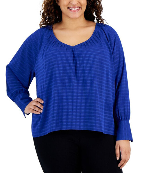 Plus Size Pleat-Neck Wide-Cuff Blouse