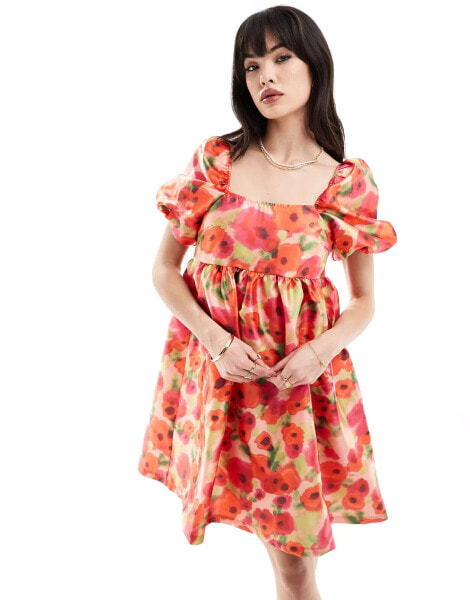 Vila puff sleeve smock mini dress in red poppy print