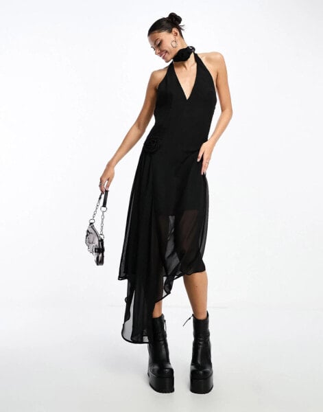 Something New x Lame. Cobain corsage sheer halterneck maxi dress in black