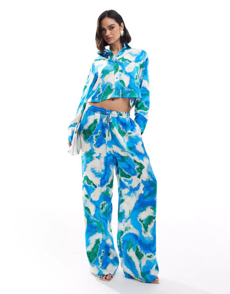 Vero Moda satin wide leg trouser co-ord in blue abstract print