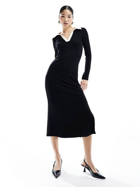 Nobody's Child Peyton long sleeve contrast knit midi dress in black