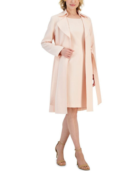 Women's Crepe Belted Trench Jacket & Sheath Dress Suit, Regular and Petite Sizes