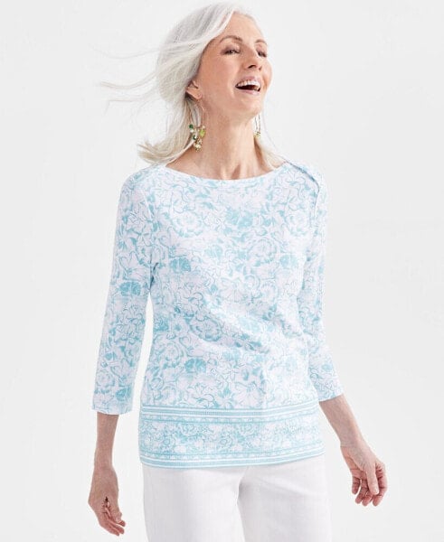 Women's Printed Pima Cotton 3/4 Sleeve Top, Created for Macy's