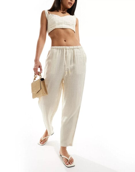 Mango linen tie waist trousers in white