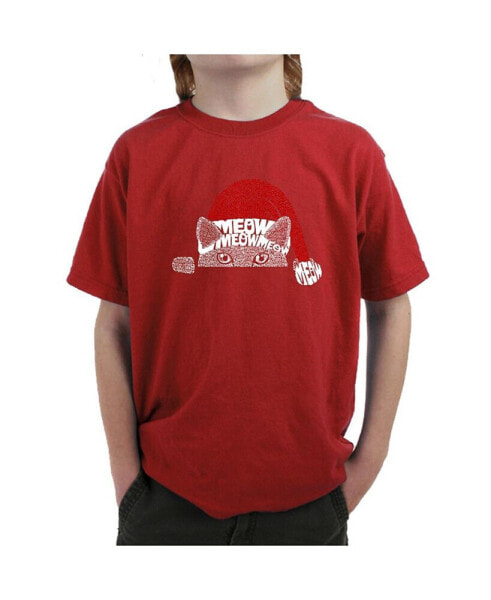 Child Christmas Peeking Cat - Boy's Word Art T-Shirt