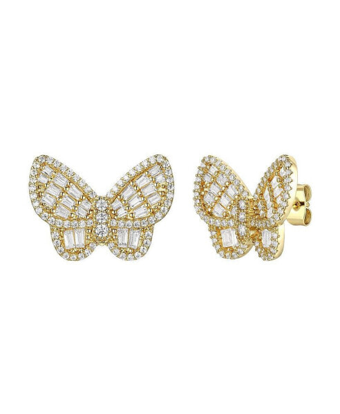 14k Gold Plated Sterling Silver with Cubic Zirconia Clusters Butterfly Stud Earrings