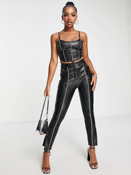 Miss Selfridge diamonte trim faux leather corset top in black co-ord