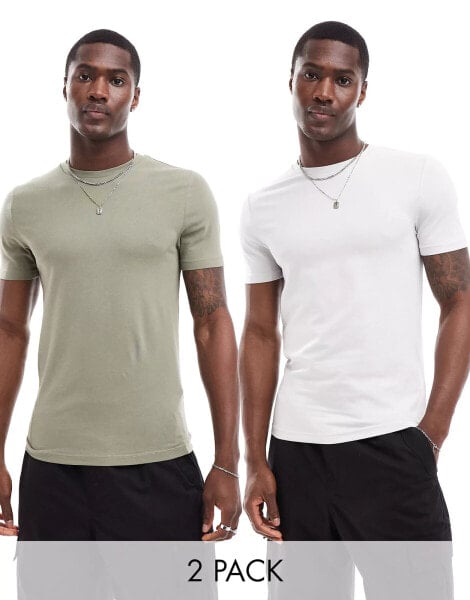 ASOS DESIGN 2 pack muscle fit t-shirt in dark green and blue