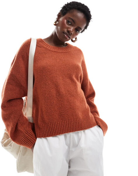 Monki round neck relaxed knitted sweater in rust red