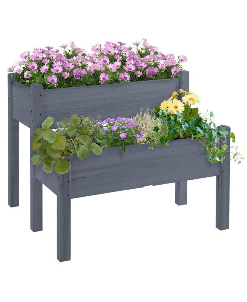 34" x 34" x 28" Raised Garden Bed 2-Tier Wooden Planter Box for Backyard, Patio to Grow Vegetables, Herbs and Flowers, Gray