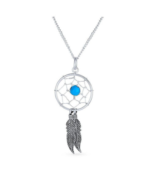 Bling Jewelry western Turquoise Accent Feathers Leaf Dream Catcher Pendant Necklace For Women s Oxidized .925 Sterling Silver