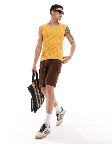 ASOS DESIGN muscle lightweight knitted rib vest in mustard