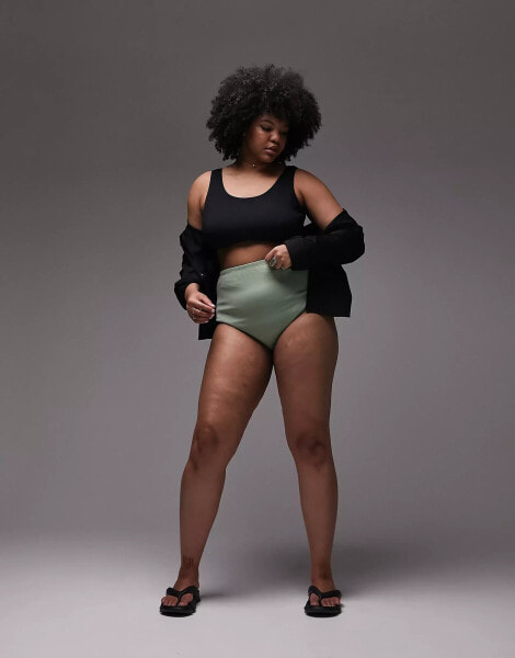 Topshop Curve rib high waist bikini bottoms in khaki