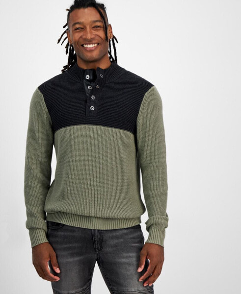 Men's Regular-Fit Colorblocked Textured 1/4-Snap Mock-Neck Sweater, Created for Macy's