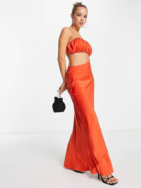 ASOS DESIGN satin ruched bust maxi dress with asym cut out in hot orange