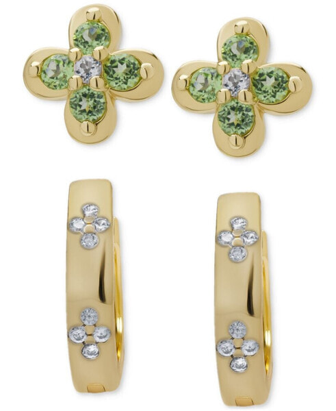 2-Pc. Set Peridot (3/8 ct. t.w.), White Topaz (1/20 ct. t.w..) & Lab Grown White Sapphire (1/6 ct. t.w.) Clover Stud & Hoop Earrings in 14k Gold-Plated Sterling Silver