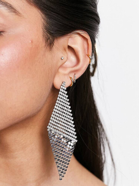 ASOS DESIGN drop earrings with crystal and chain waterfall in silver tone