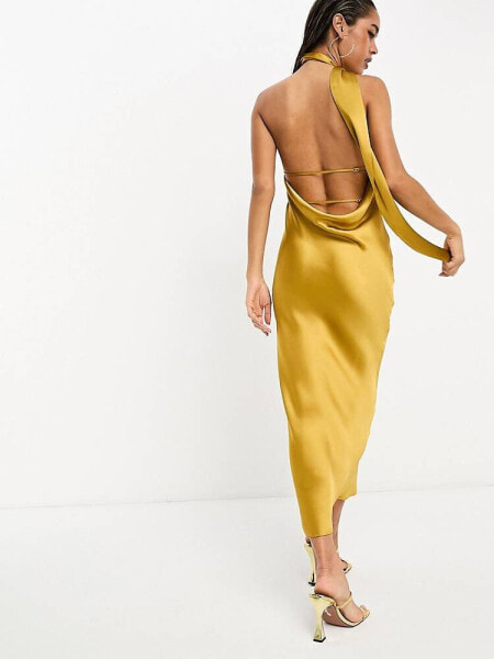 Pretty Lavish satin scarf midaxi dress in saffron yellow