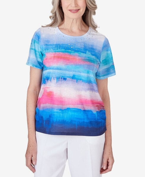 Women's Paradise Island Crew Neck Short Sleeve Side Ruching Watercolor Stripe Top