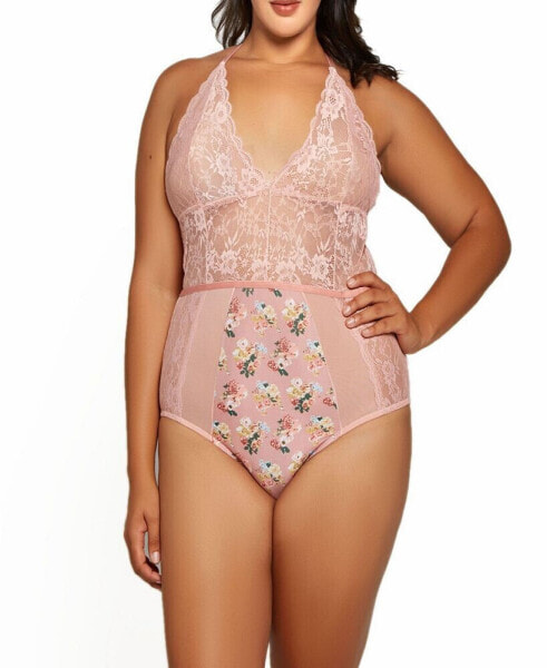 Plus Size Phoeny Galloon Lace and Floral Satin Lingerie Bodysuit