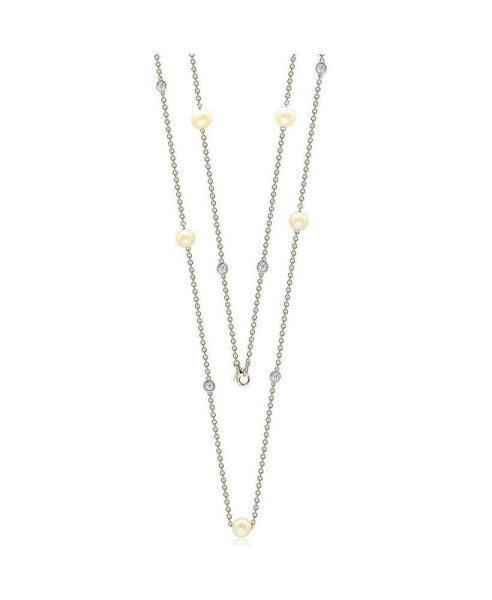 Suzy Levian New York suzy Levian Sterling Silver Pearl and Cubic Zirconia Station Necklace