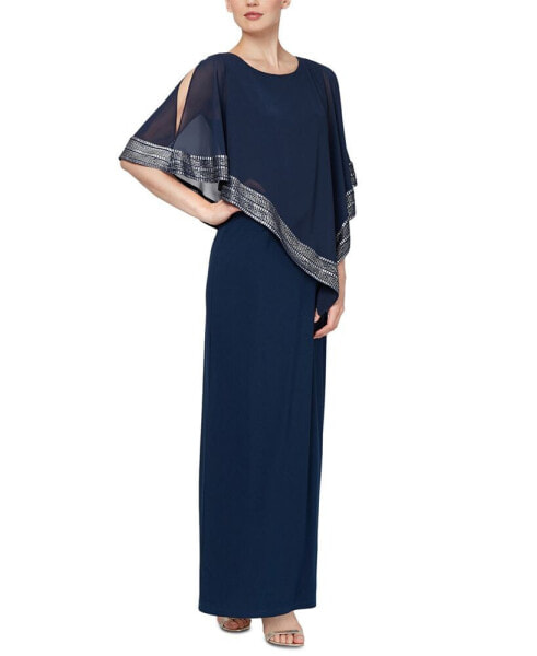 Petite Asymmetric Cape Overlay Gown