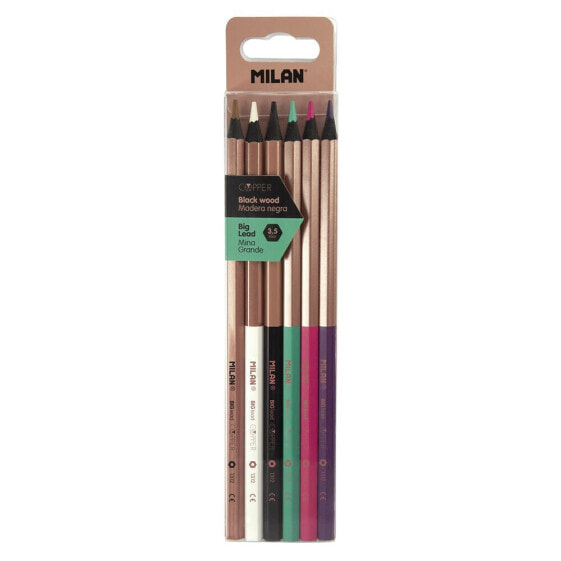 MILAN Box 6 Thick Lead Hexagonal Colour Pencils Copper Black Wood