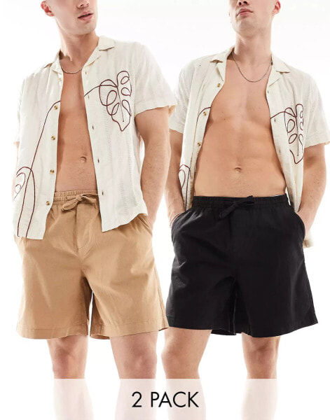 ASOS DESIGN wide linen shorts in black/brown 2 pack