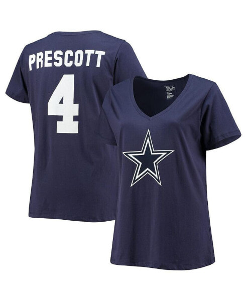 Women's Dak Prescott Navy Dallas Cowboys Plus Size Name and Number V-Neck T-shirt