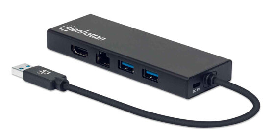 Manhattan USB-A Dock/Hub - Ports (x5): Ethernet - HDMI - USB-A (x2) and VGA - Micro-USB Power Input Port (Optional - only when additional power needed. Not required for dual monitor functionality. Cable not included) - Aluminium - Black - Three Year Warranty - Reta