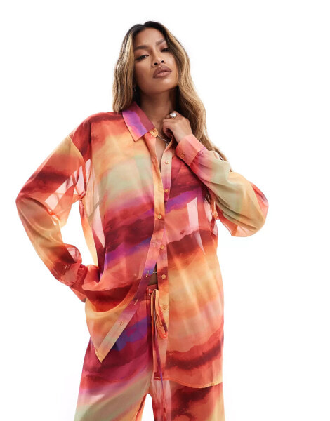 In The Style x Perrie Sian exclusive oversized beach shirt co-ord in orange ombre