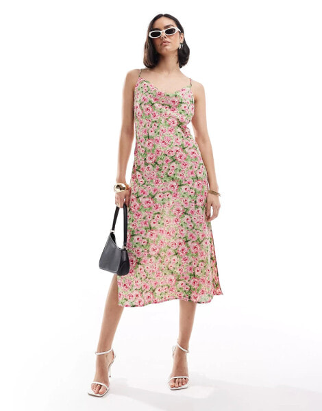 Vila satin cross back cami midi dress in floral print