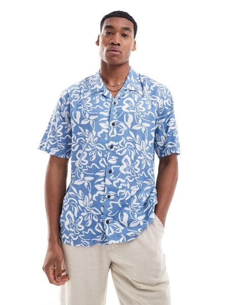 Threadbare short sleeve printed revere collar shirt in blue