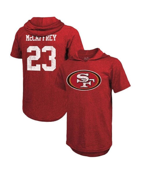 Men's Threads Christian McCaffrey Scarlet San Francisco 49ers Player Name and Number Tri-Blend Short Sleeve Hoodie T-shirt