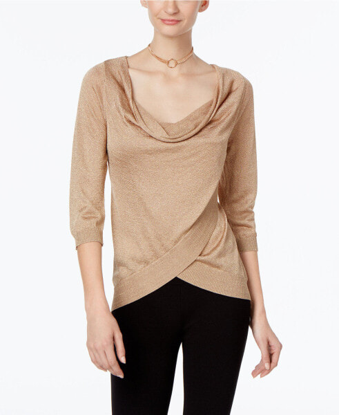INC International Concepts Women's Draped Scoop Neck Sweater Metallic Gold M