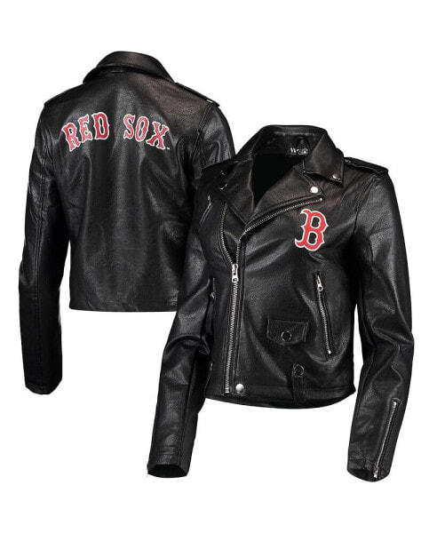 Women's Black Boston Red Sox Faux Leather Moto Full-Zip Jacket