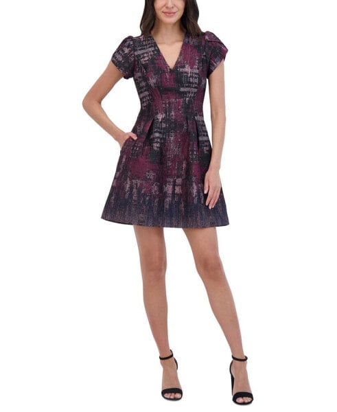 Petite Jacquard Puff-Sleeve Mini Dress