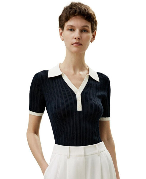 Women's V Neck Ribbed Silk Knit Top for Women