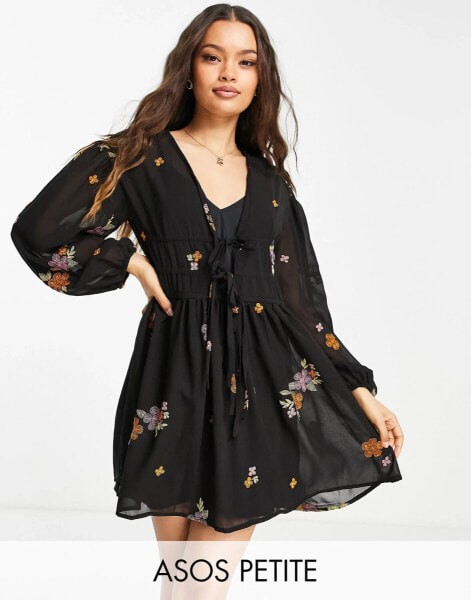 ASOS DESIGN Petite soft all over embroidered mini dress in black