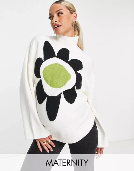 Glamorous Maternity oversized high neck jumper with large retro flower